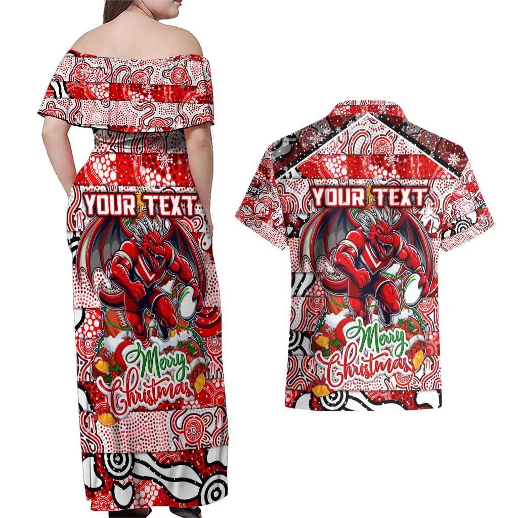 Custom Dragons Rugby Merry Christmas Couples Matching Off Shoulder Maxi Dress and Hawaiian Shirt Indigenous Australian Art