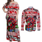 Custom Dragons Rugby Merry Christmas Couples Matching Off Shoulder Maxi Dress and Long Sleeve Button Shirt Indigenous Australian Art