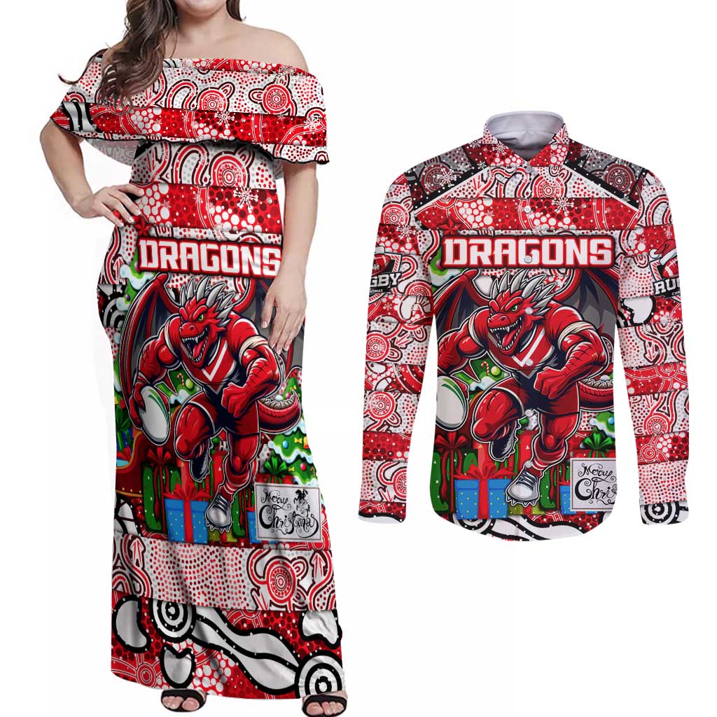 Custom Dragons Rugby Merry Christmas Couples Matching Off Shoulder Maxi Dress and Long Sleeve Button Shirt Indigenous Australian Art