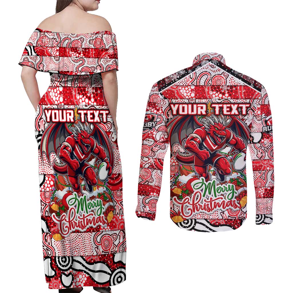 Custom Dragons Rugby Merry Christmas Couples Matching Off Shoulder Maxi Dress and Long Sleeve Button Shirt Indigenous Australian Art