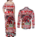 Custom Dragons Rugby Merry Christmas Couples Matching Off Shoulder Maxi Dress and Long Sleeve Button Shirt Indigenous Australian Art