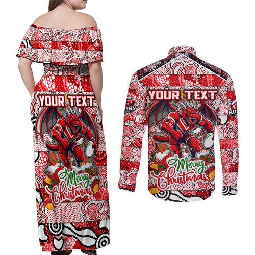 Custom Dragons Rugby Merry Christmas Couples Matching Off Shoulder Maxi Dress and Long Sleeve Button Shirt Indigenous Australian Art