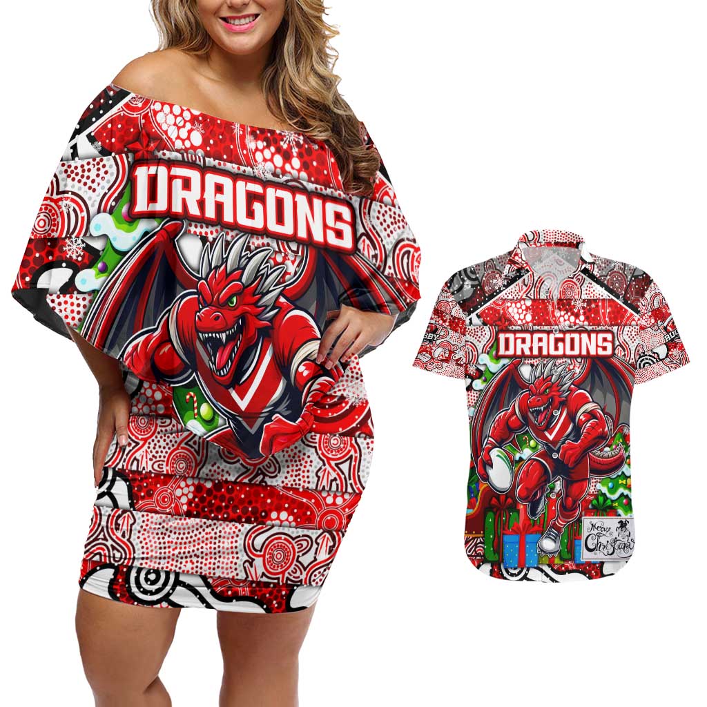 Custom Dragons Rugby Merry Christmas Couples Matching Off Shoulder Short Dress and Hawaiian Shirt Indigenous Australian Art