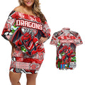 Custom Dragons Rugby Merry Christmas Couples Matching Off Shoulder Short Dress and Hawaiian Shirt Indigenous Australian Art