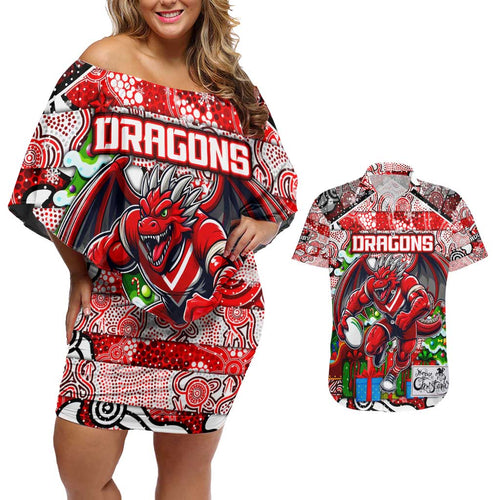 Custom Dragons Rugby Merry Christmas Couples Matching Off Shoulder Short Dress and Hawaiian Shirt Indigenous Australian Art