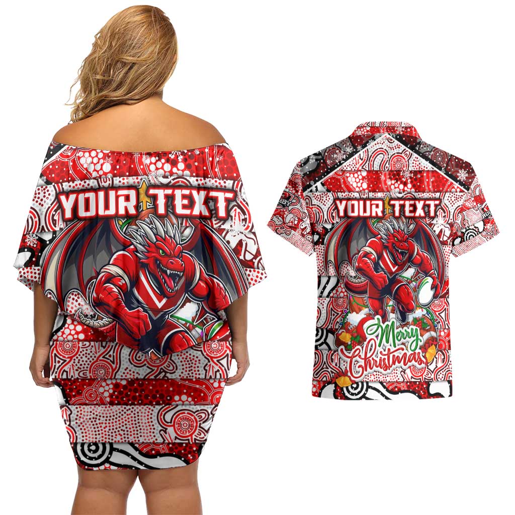 Custom Dragons Rugby Merry Christmas Couples Matching Off Shoulder Short Dress and Hawaiian Shirt Indigenous Australian Art