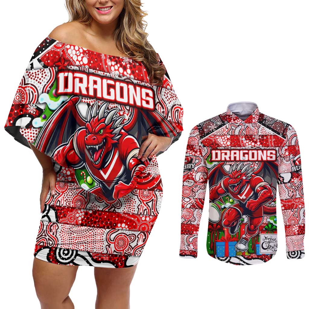 Custom Dragons Rugby Merry Christmas Couples Matching Off Shoulder Short Dress and Long Sleeve Button Shirt Indigenous Australian Art