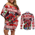 Custom Dragons Rugby Merry Christmas Couples Matching Off Shoulder Short Dress and Long Sleeve Button Shirt Indigenous Australian Art
