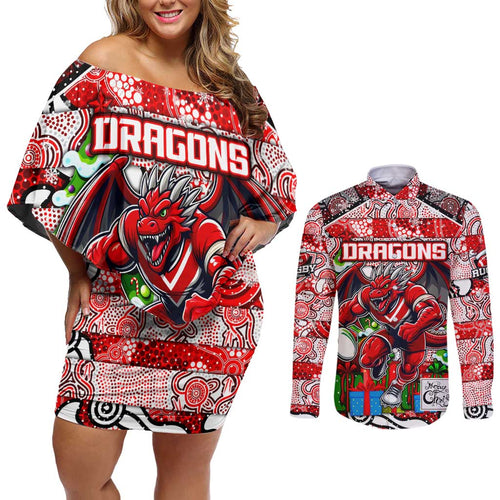 Custom Dragons Rugby Merry Christmas Couples Matching Off Shoulder Short Dress and Long Sleeve Button Shirt Indigenous Australian Art
