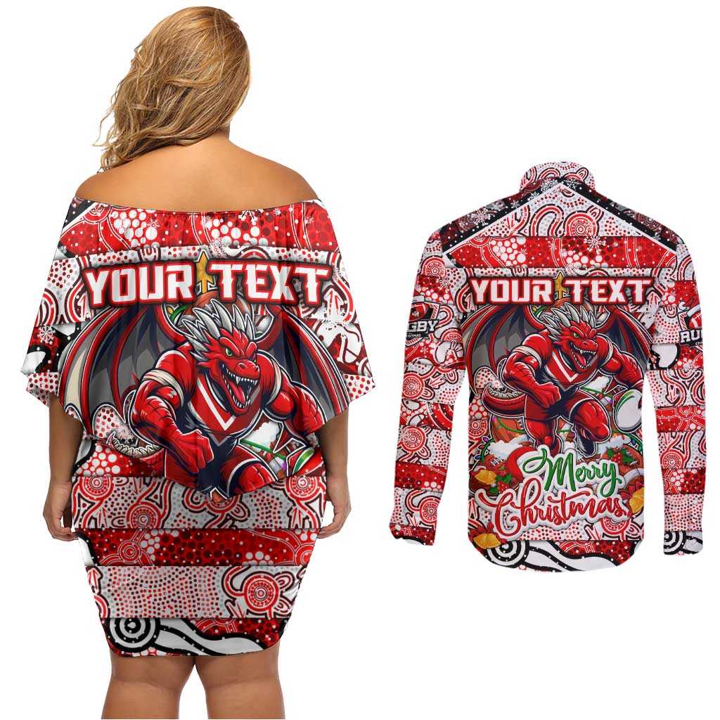 Custom Dragons Rugby Merry Christmas Couples Matching Off Shoulder Short Dress and Long Sleeve Button Shirt Indigenous Australian Art