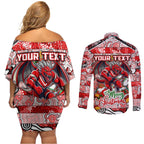 Custom Dragons Rugby Merry Christmas Couples Matching Off Shoulder Short Dress and Long Sleeve Button Shirt Indigenous Australian Art