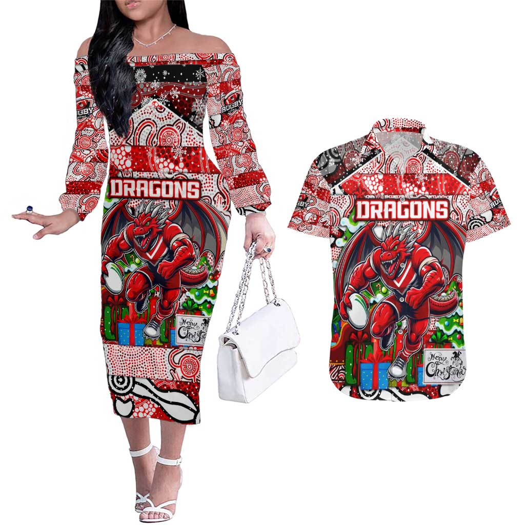 Custom Dragons Rugby Merry Christmas Couples Matching Off The Shoulder Long Sleeve Dress and Hawaiian Shirt Indigenous Australian Art
