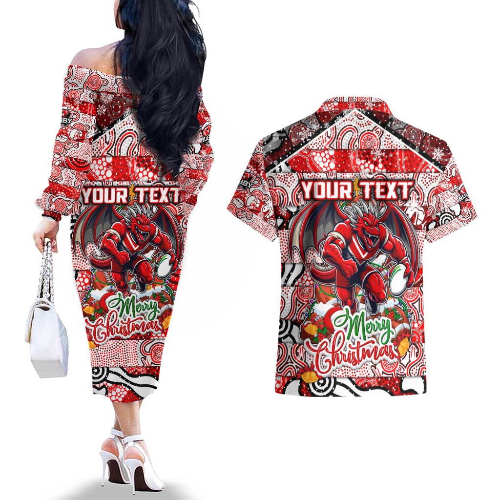 Custom Dragons Rugby Merry Christmas Couples Matching Off The Shoulder Long Sleeve Dress and Hawaiian Shirt Indigenous Australian Art