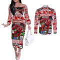 Custom Dragons Rugby Merry Christmas Couples Matching Off The Shoulder Long Sleeve Dress and Long Sleeve Button Shirt Indigenous Australian Art