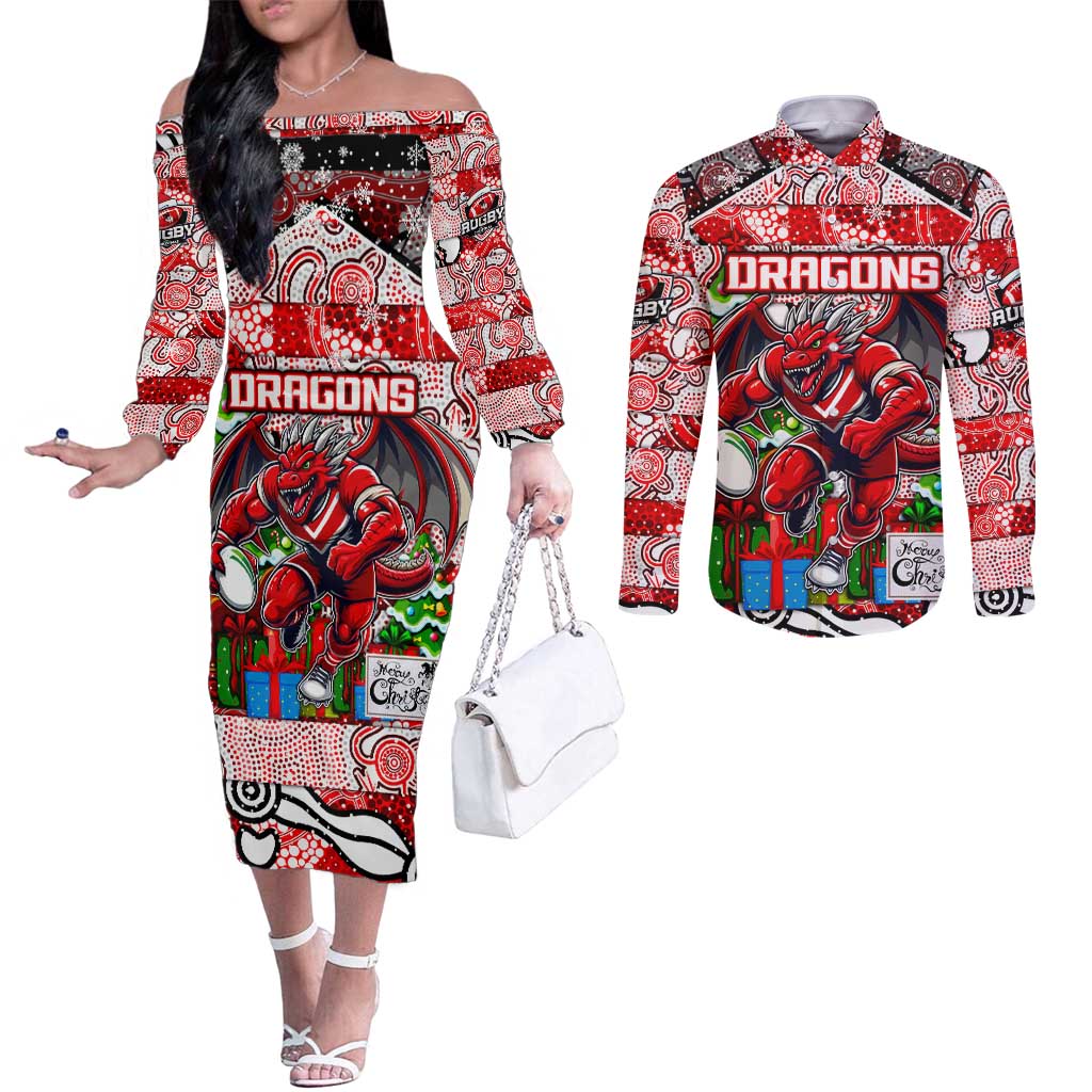 Custom Dragons Rugby Merry Christmas Couples Matching Off The Shoulder Long Sleeve Dress and Long Sleeve Button Shirt Indigenous Australian Art
