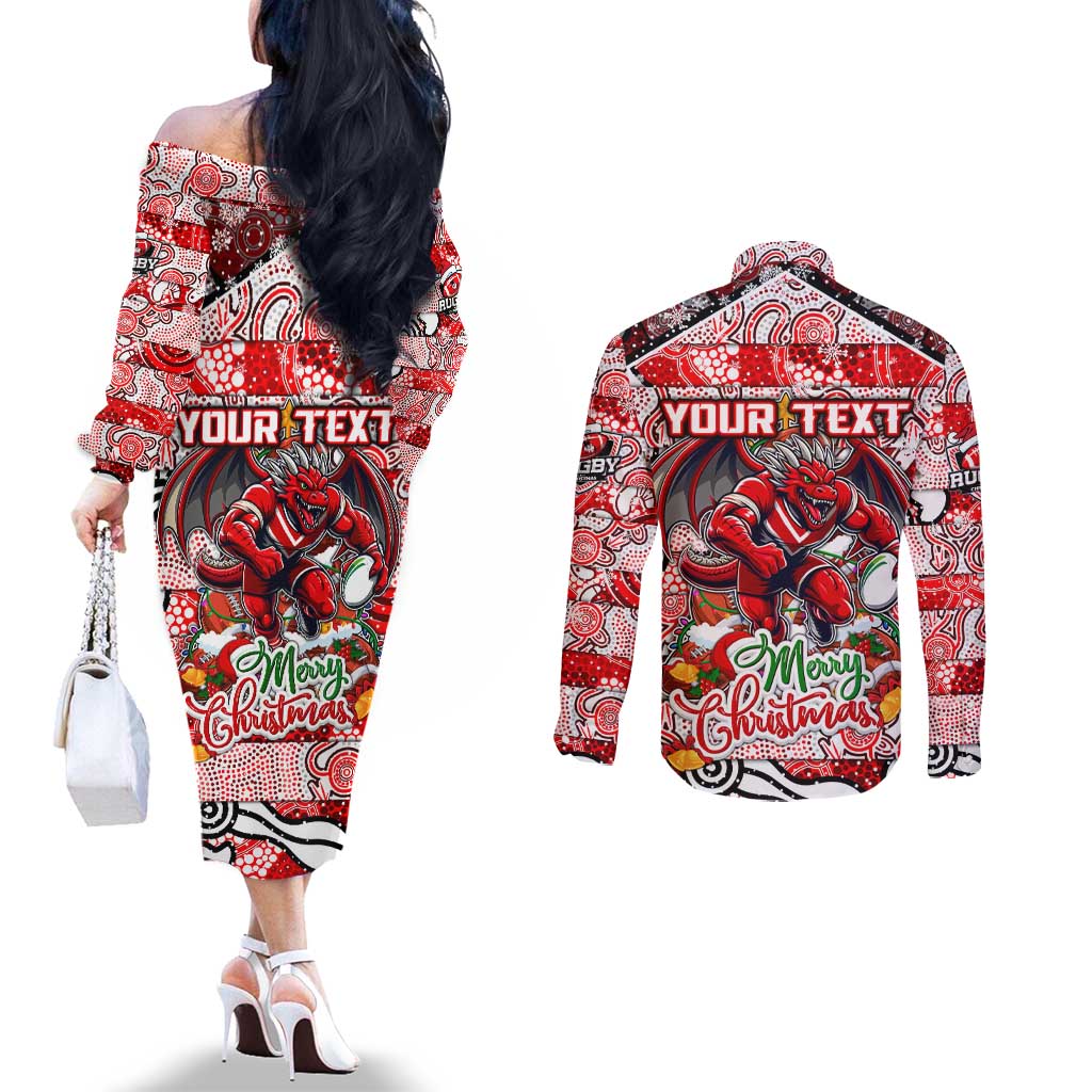 Custom Dragons Rugby Merry Christmas Couples Matching Off The Shoulder Long Sleeve Dress and Long Sleeve Button Shirt Indigenous Australian Art