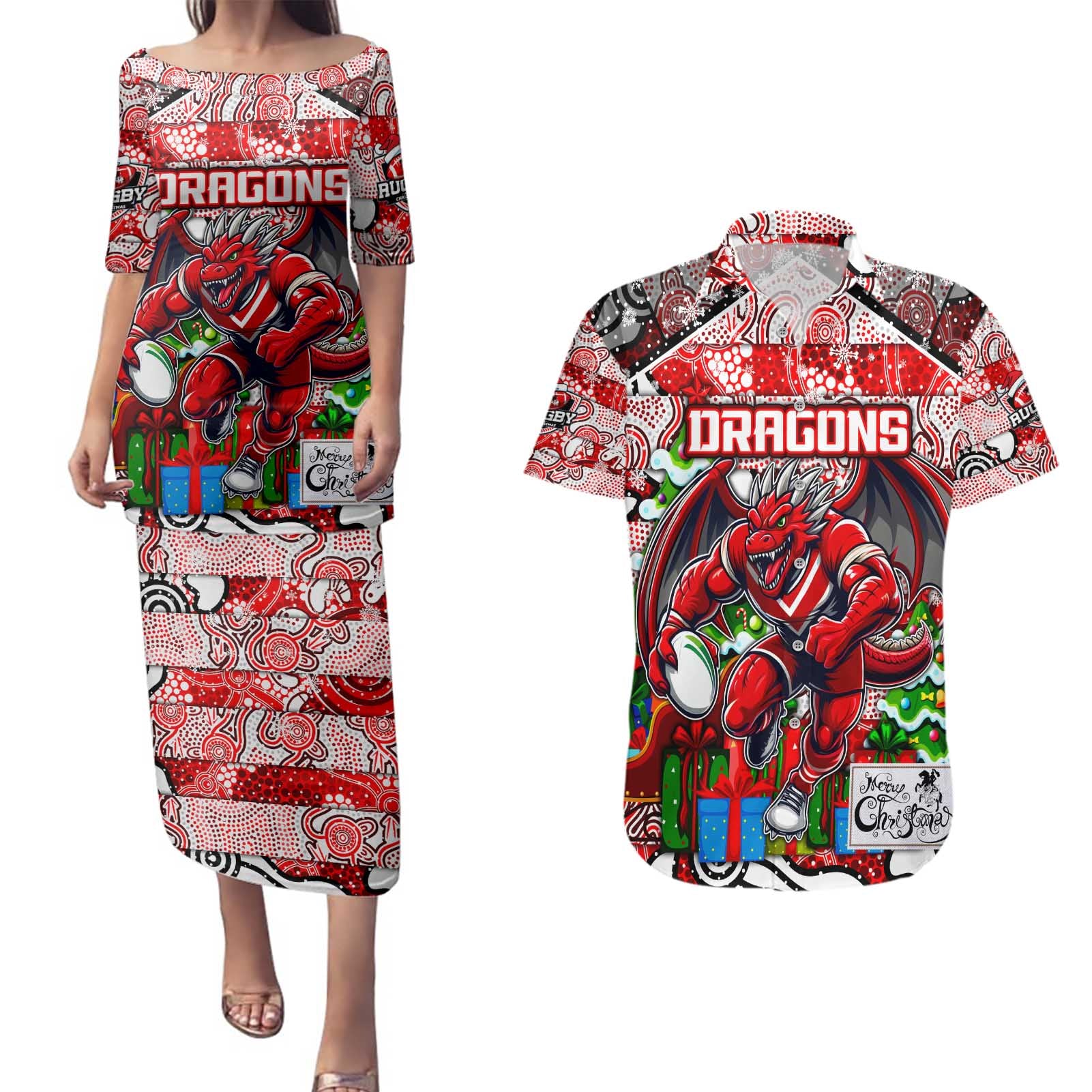 Custom Dragons Rugby Merry Christmas Couples Matching Puletasi and Hawaiian Shirt Indigenous Australian Art