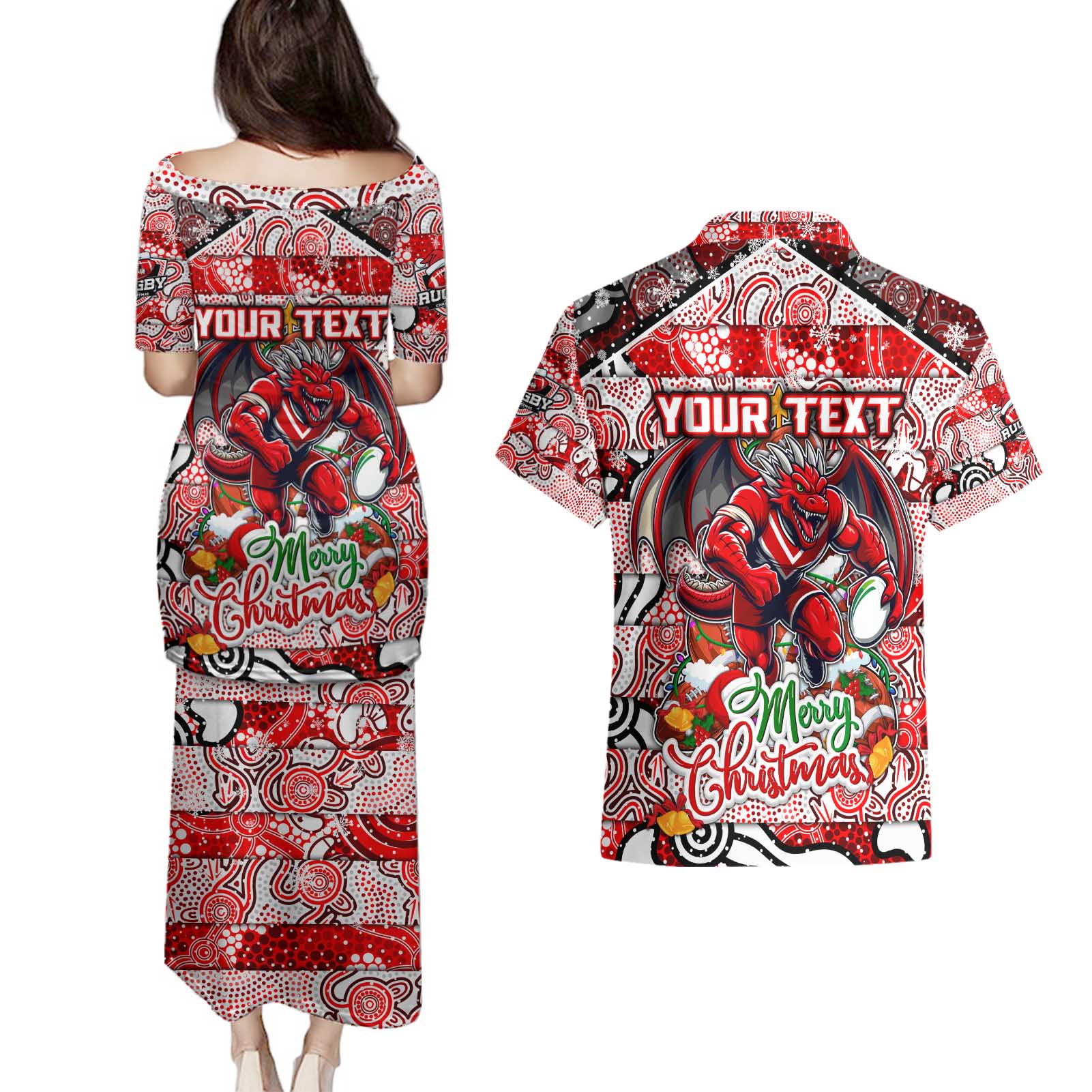 Custom Dragons Rugby Merry Christmas Couples Matching Puletasi and Hawaiian Shirt Indigenous Australian Art