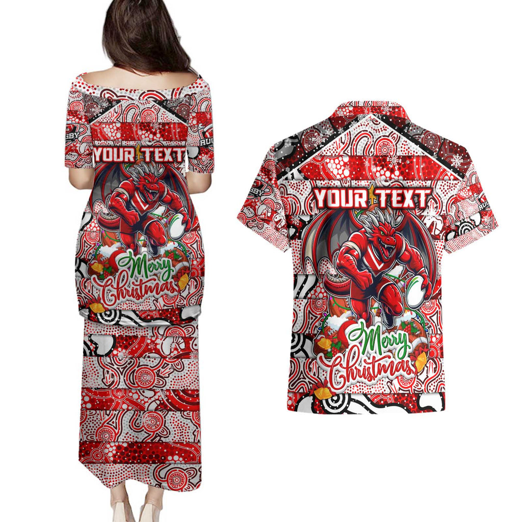 Custom Dragons Rugby Merry Christmas Couples Matching Puletasi and Hawaiian Shirt Indigenous Australian Art