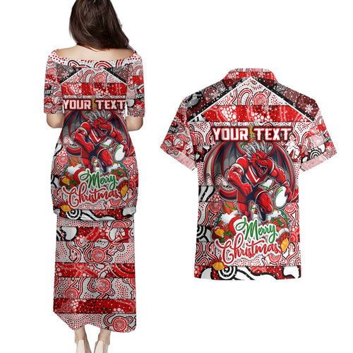 Custom Dragons Rugby Merry Christmas Couples Matching Puletasi and Hawaiian Shirt Indigenous Australian Art