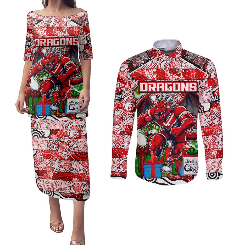 Custom Dragons Rugby Merry Christmas Couples Matching Puletasi and Long Sleeve Button Shirt Indigenous Australian Art