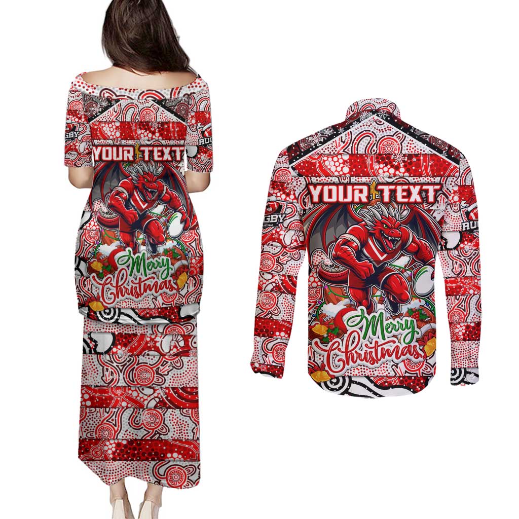 Custom Dragons Rugby Merry Christmas Couples Matching Puletasi and Long Sleeve Button Shirt Indigenous Australian Art
