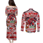 Custom Dragons Rugby Merry Christmas Couples Matching Puletasi and Long Sleeve Button Shirt Indigenous Australian Art