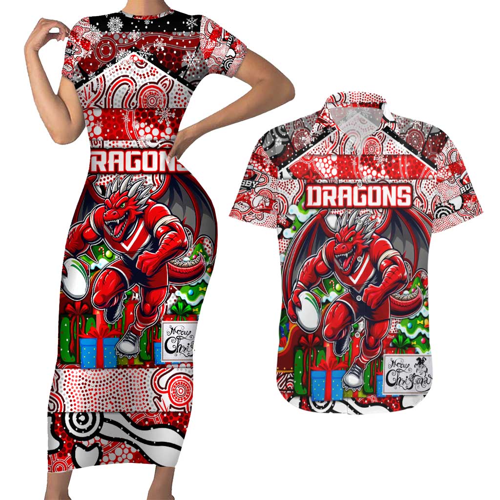 Custom Dragons Rugby Merry Christmas Couples Matching Short Sleeve Bodycon Dress and Hawaiian Shirt Indigenous Australian Art