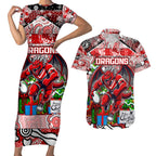 Custom Dragons Rugby Merry Christmas Couples Matching Short Sleeve Bodycon Dress and Hawaiian Shirt Indigenous Australian Art