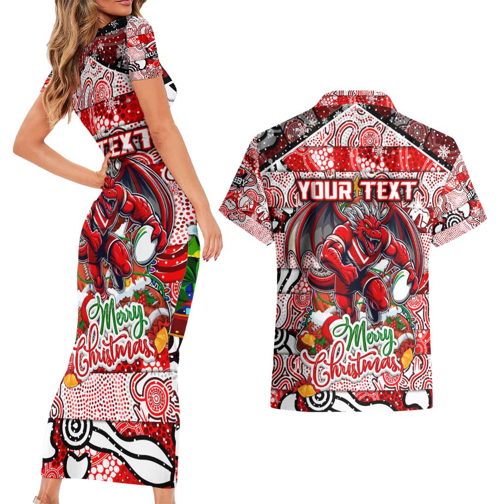 Custom Dragons Rugby Merry Christmas Couples Matching Short Sleeve Bodycon Dress and Hawaiian Shirt Indigenous Australian Art