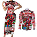 Custom Dragons Rugby Merry Christmas Couples Matching Short Sleeve Bodycon Dress and Long Sleeve Button Shirt Indigenous Australian Art