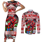 Custom Dragons Rugby Merry Christmas Couples Matching Short Sleeve Bodycon Dress and Long Sleeve Button Shirt Indigenous Australian Art