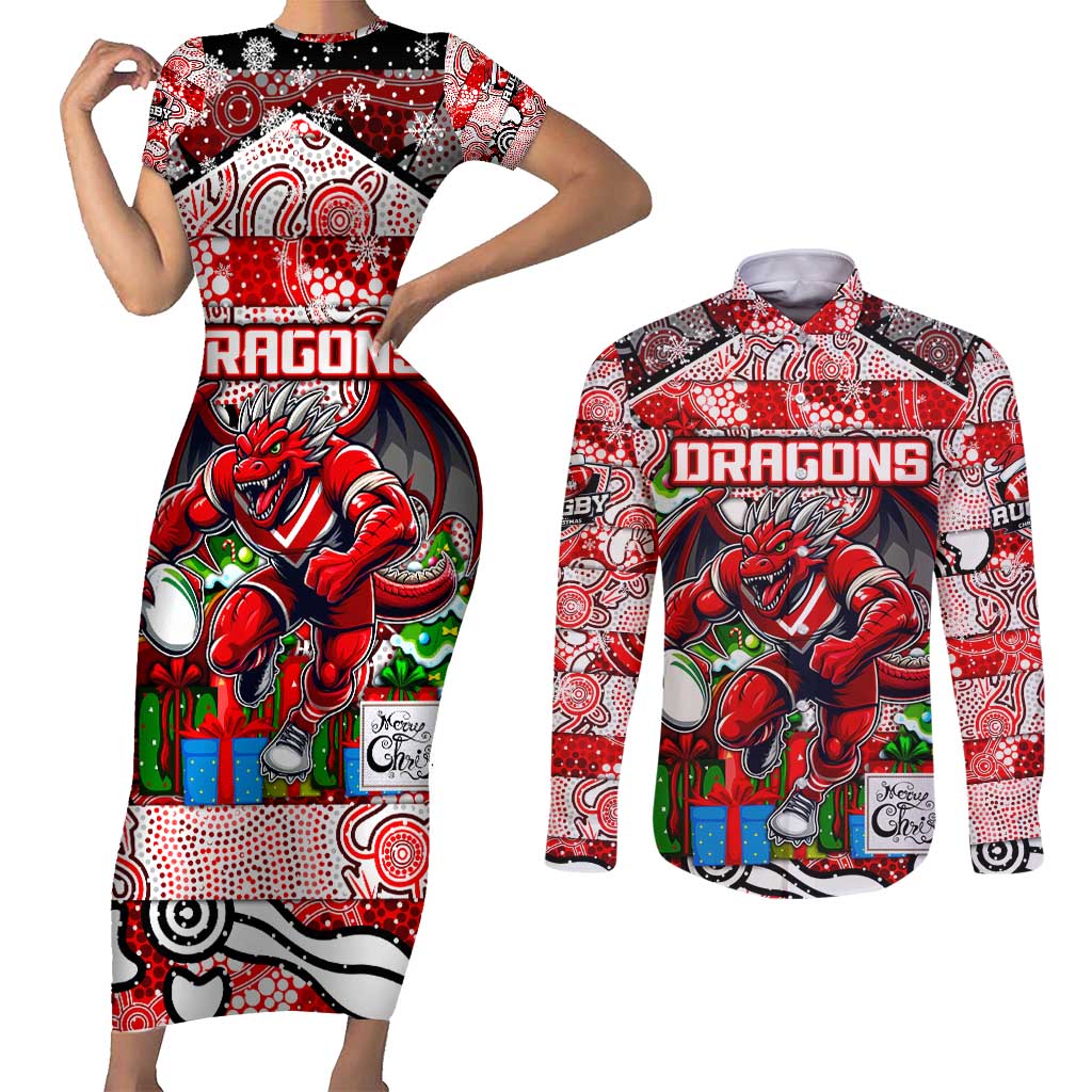 Custom Dragons Rugby Merry Christmas Couples Matching Short Sleeve Bodycon Dress and Long Sleeve Button Shirt Indigenous Australian Art