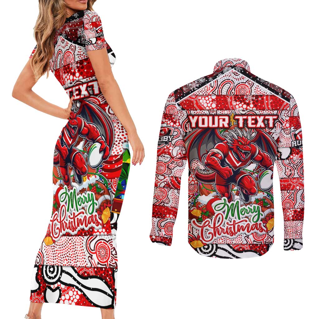 Custom Dragons Rugby Merry Christmas Couples Matching Short Sleeve Bodycon Dress and Long Sleeve Button Shirt Indigenous Australian Art