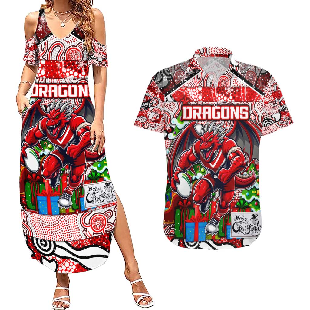 Custom Dragons Rugby Merry Christmas Couples Matching Summer Maxi Dress and Hawaiian Shirt Indigenous Australian Art