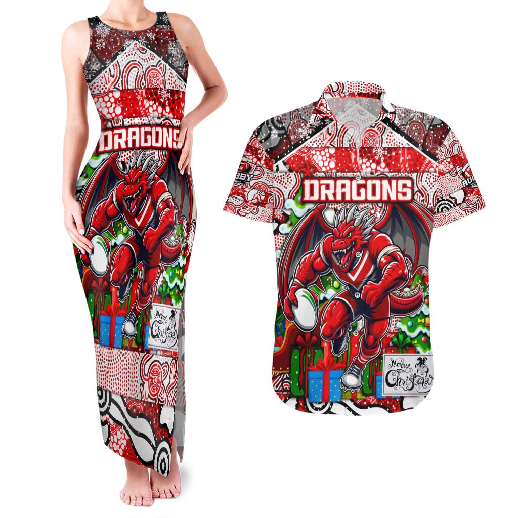 Custom Dragons Rugby Merry Christmas Couples Matching Tank Maxi Dress and Hawaiian Shirt Indigenous Australian Art