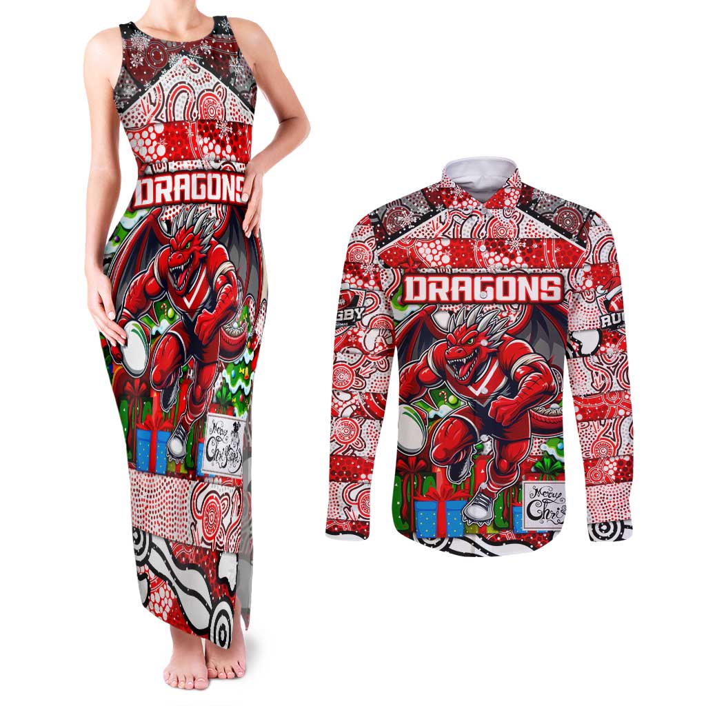 Custom Dragons Rugby Merry Christmas Couples Matching Tank Maxi Dress and Long Sleeve Button Shirt Indigenous Australian Art