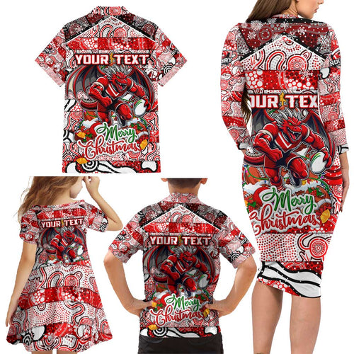 Custom Dragons Rugby Merry Christmas Family Matching Long Sleeve Bodycon Dress and Hawaiian Shirt Indigenous Australian Art