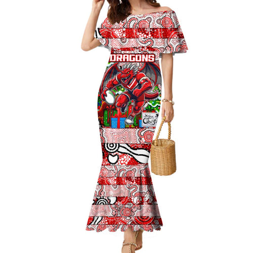 Custom Dragons Rugby Merry Christmas Family Matching Mermaid Dress and Hawaiian Shirt Indigenous Australian Art