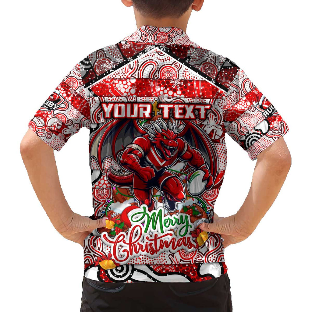 Custom Dragons Rugby Merry Christmas Family Matching Off The Shoulder Long Sleeve Dress and Hawaiian Shirt Indigenous Australian Art