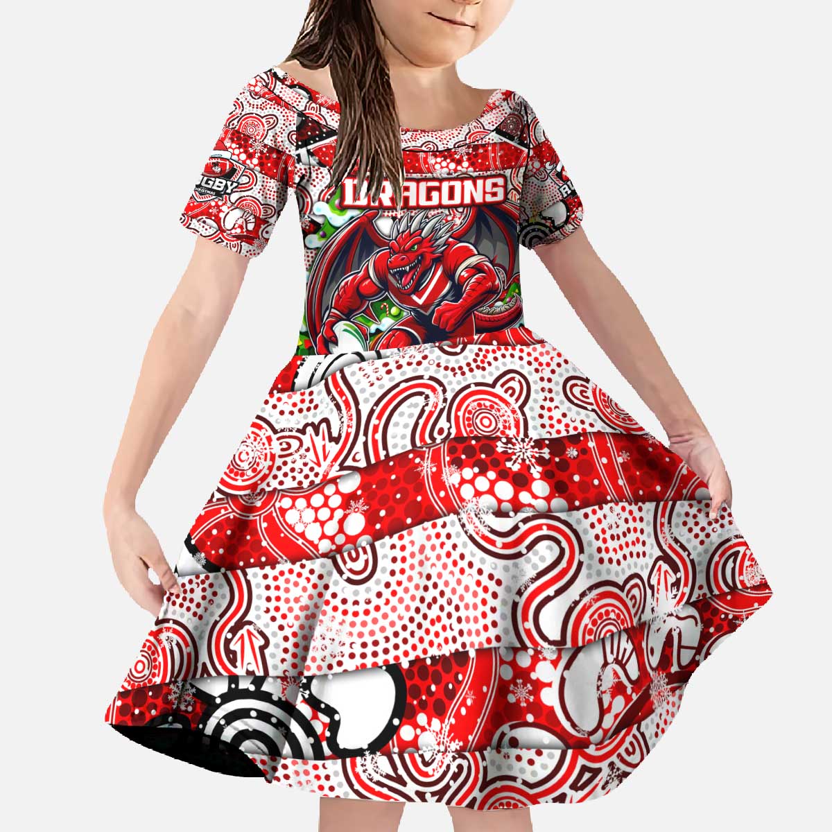 Custom Dragons Rugby Merry Christmas Family Matching Off The Shoulder Long Sleeve Dress and Hawaiian Shirt Indigenous Australian Art