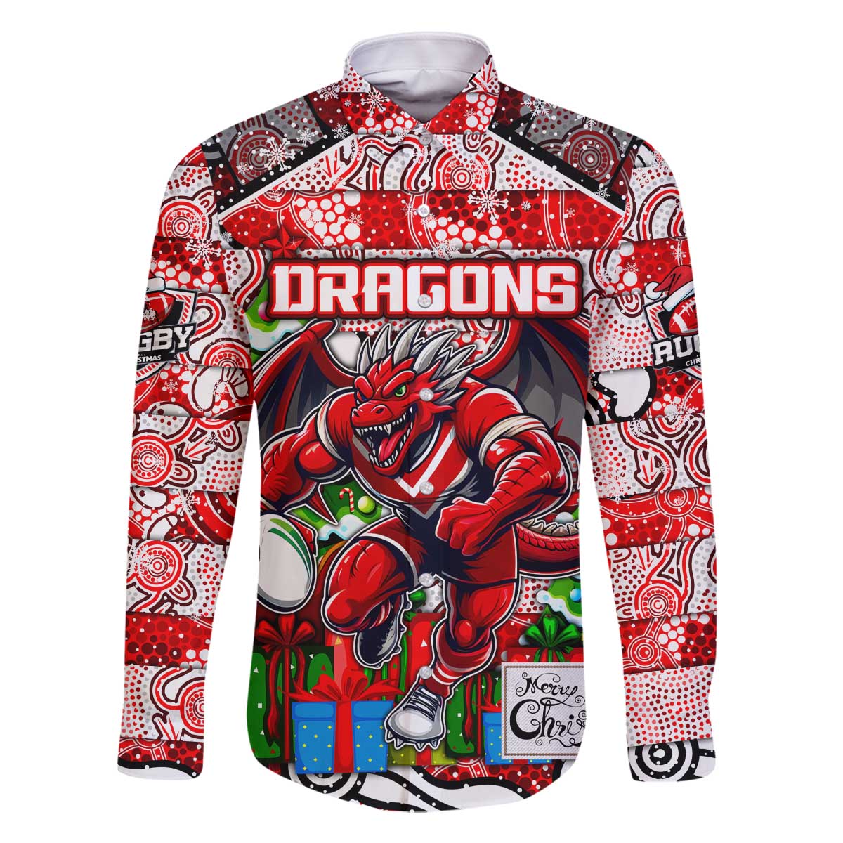 Custom Dragons Rugby Merry Christmas Family Matching Off The Shoulder Long Sleeve Dress and Hawaiian Shirt Indigenous Australian Art