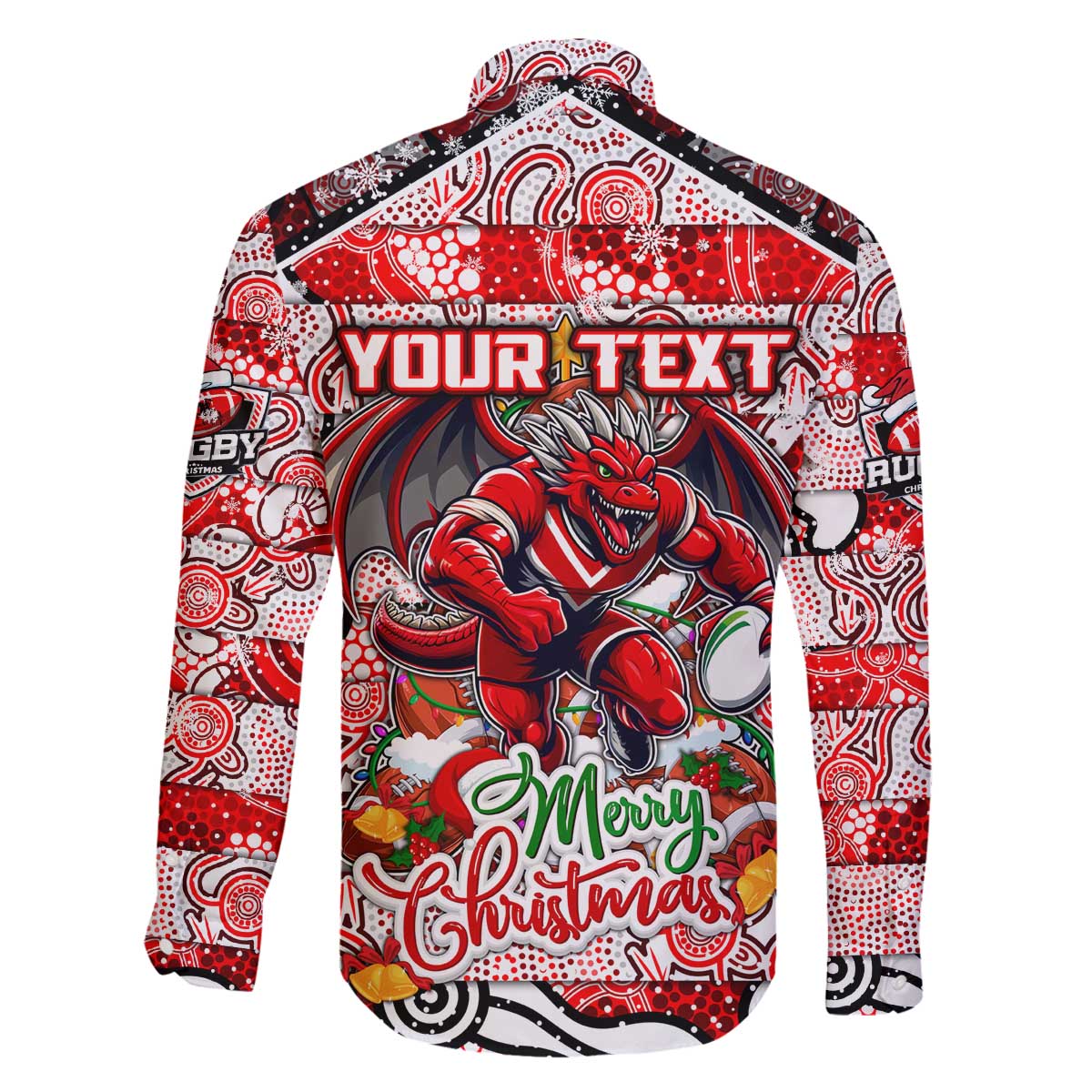 Custom Dragons Rugby Merry Christmas Family Matching Off The Shoulder Long Sleeve Dress and Hawaiian Shirt Indigenous Australian Art