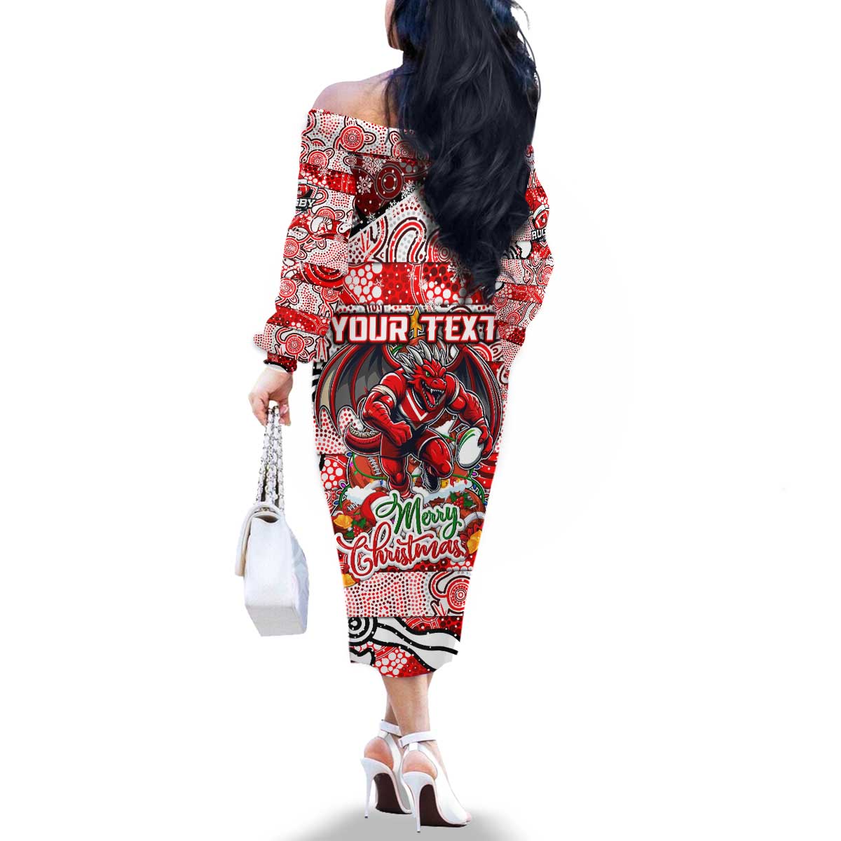 Custom Dragons Rugby Merry Christmas Family Matching Off The Shoulder Long Sleeve Dress and Hawaiian Shirt Indigenous Australian Art