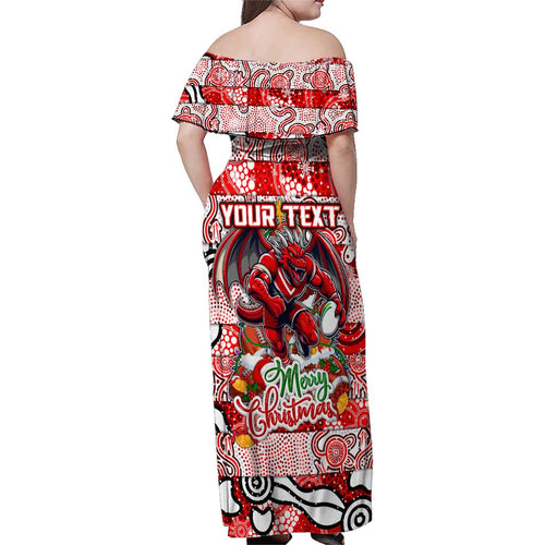 Custom Dragons Rugby Merry Christmas Family Matching Off Shoulder Maxi Dress and Hawaiian Shirt Indigenous Australian Art