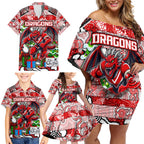 Custom Dragons Rugby Merry Christmas Family Matching Off Shoulder Short Dress and Hawaiian Shirt Indigenous Australian Art