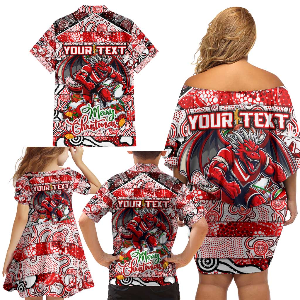 Custom Dragons Rugby Merry Christmas Family Matching Off Shoulder Short Dress and Hawaiian Shirt Indigenous Australian Art