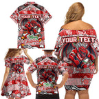 Custom Dragons Rugby Merry Christmas Family Matching Off Shoulder Short Dress and Hawaiian Shirt Indigenous Australian Art