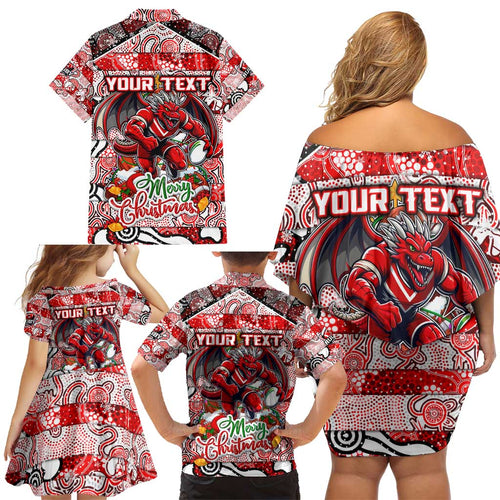 Custom Dragons Rugby Merry Christmas Family Matching Off Shoulder Short Dress and Hawaiian Shirt Indigenous Australian Art