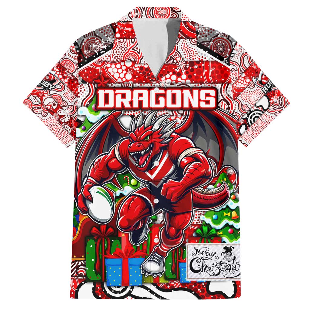 Custom Dragons Rugby Merry Christmas Family Matching Off Shoulder Short Dress and Hawaiian Shirt Indigenous Australian Art